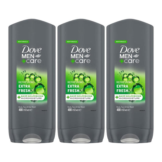 Dove Men+Care Erfrischend Extra Fresh 3-in-1 Duschgel, Haarwäsche und Gesichtsreinigung für Männer, 6er-Pack mit 24-Stunden-Nährende Mikrofeuchtigkeitstechnologie, 400 ml