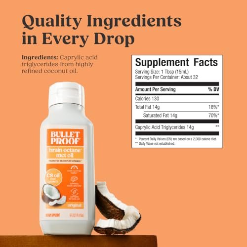 Bulletproof Brain Octane C8 MCT Öl – 100% reines Kokosöl, Triple-Destilliert, Keto-Energiesupplement für Kaffee & Smoothies, 16 oz, Ungeschmackvoll, Ohne Zusätze oder Füllstoffe, Nicht-GVO