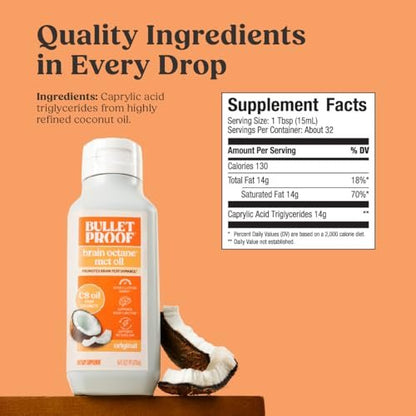 Bulletproof Brain Octane C8 MCT Öl – 100% reines Kokosöl, Triple-Destilliert, Keto-Energiesupplement für Kaffee & Smoothies, 16 oz, Ungeschmackvoll, Ohne Zusätze oder Füllstoffe, Nicht-GVO
