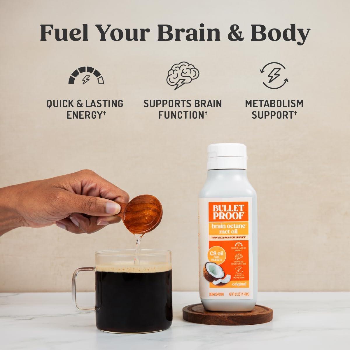 Bulletproof Brain Octane C8 MCT Öl – 100% reines Kokosöl, Triple-Destilliert, Keto-Energiesupplement für Kaffee & Smoothies, 16 oz, Ungeschmackvoll, Ohne Zusätze oder Füllstoffe, Nicht-GVO