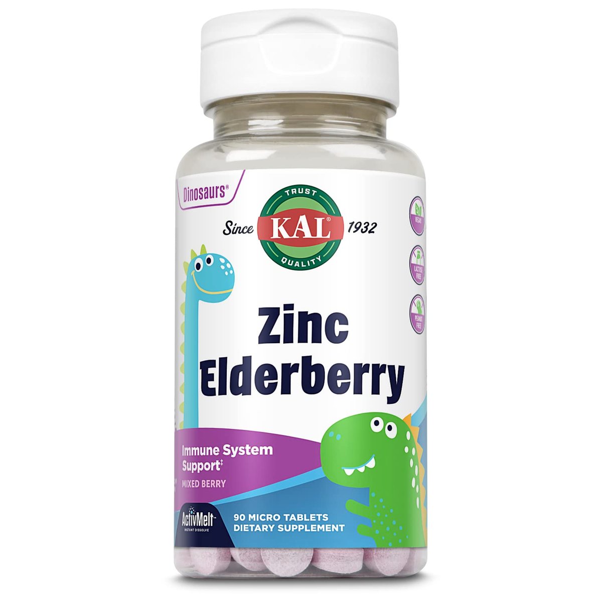 KAL Kids Zink Holunder Dinosaurier – Immununterstützung für Kinder mit Sambucus Holunder, schnell lösende Mixed Berry ActivMelts, lustige Dino-Formen, vegan, 90 Portionen, 90 Mikrotabletten