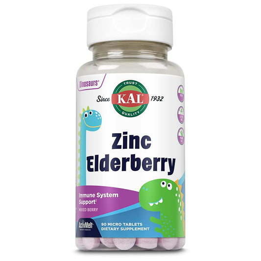 KAL Kids Zink Holunder Dinosaurier – Immununterstützung für Kinder mit Sambucus Holunder, schnell lösende Mixed Berry ActivMelts, lustige Dino-Formen, vegan, 90 Portionen, 90 Mikrotabletten