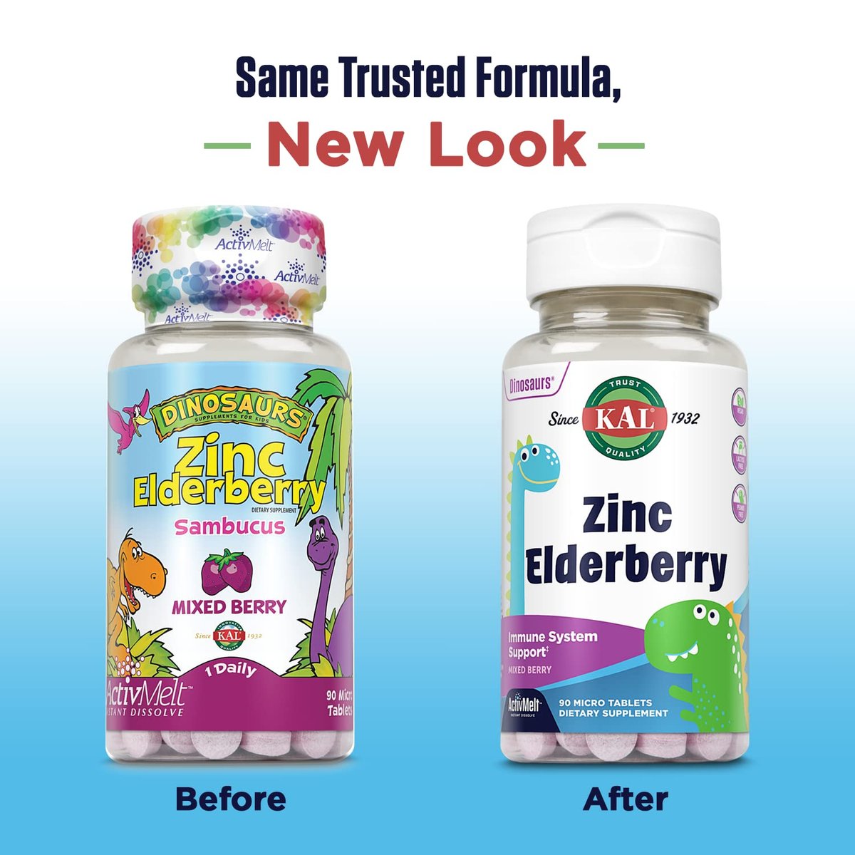 KAL Kids Zink Holunder Dinosaurier – Immununterstützung für Kinder mit Sambucus Holunder, schnell lösende Mixed Berry ActivMelts, lustige Dino-Formen, vegan, 90 Portionen, 90 Mikrotabletten