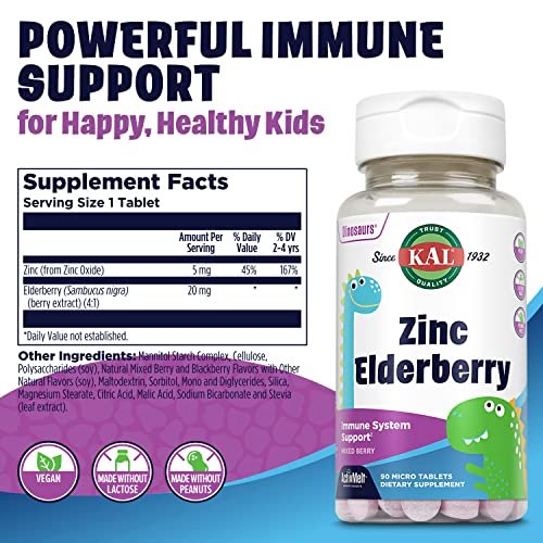 KAL Kids Zink Holunder Dinosaurier – Immununterstützung für Kinder mit Sambucus Holunder, schnell lösende Mixed Berry ActivMelts, lustige Dino-Formen, vegan, 90 Portionen, 90 Mikrotabletten
