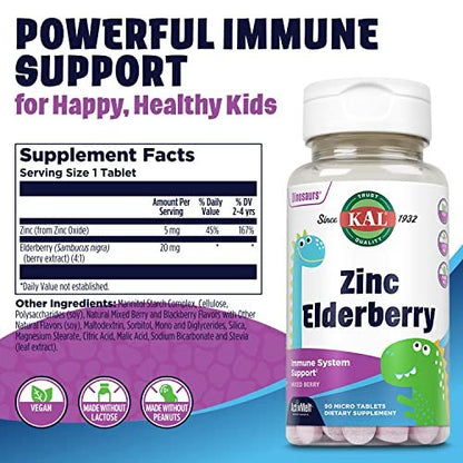 KAL Kids Zink Holunder Dinosaurier – Immununterstützung für Kinder mit Sambucus Holunder, schnell lösende Mixed Berry ActivMelts, lustige Dino-Formen, vegan, 90 Portionen, 90 Mikrotabletten