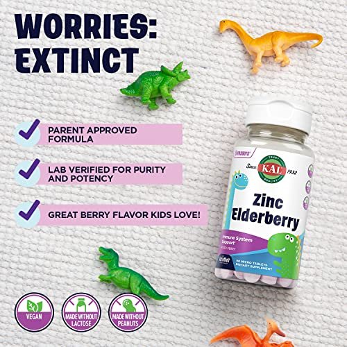 KAL Kids Zink Holunder Dinosaurier – Immununterstützung für Kinder mit Sambucus Holunder, schnell lösende Mixed Berry ActivMelts, lustige Dino-Formen, vegan, 90 Portionen, 90 Mikrotabletten