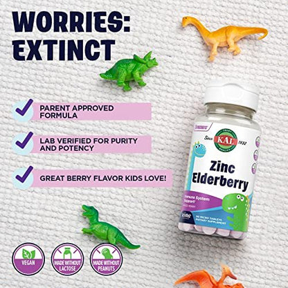 KAL Kids Zink Holunder Dinosaurier – Immununterstützung für Kinder mit Sambucus Holunder, schnell lösende Mixed Berry ActivMelts, lustige Dino-Formen, vegan, 90 Portionen, 90 Mikrotabletten