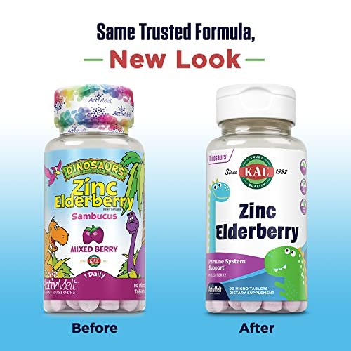 KAL Kids Zink Holunder Dinosaurier – Immununterstützung für Kinder mit Sambucus Holunder, schnell lösende Mixed Berry ActivMelts, lustige Dino-Formen, vegan, 90 Portionen, 90 Mikrotabletten