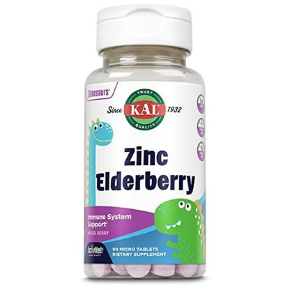 KAL Kids Zink Holunder Dinosaurier – Immununterstützung für Kinder mit Sambucus Holunder, schnell lösende Mixed Berry ActivMelts, lustige Dino-Formen, vegan, 90 Portionen, 90 Mikrotabletten
