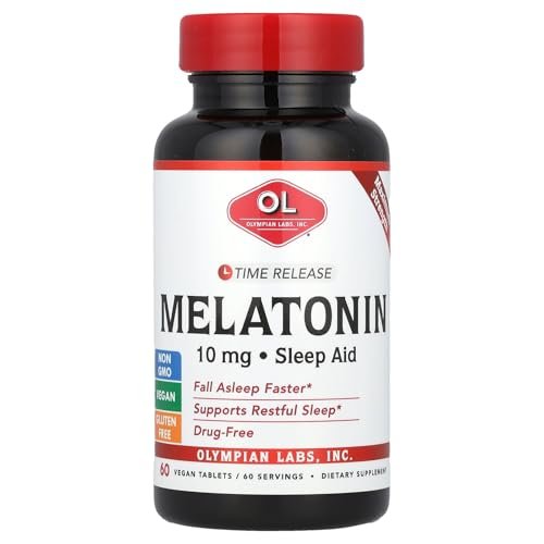 Olympian Labs Melatonin 10 mg mit Zeitverzögerung und Vitamin B6 – Hochdosierte Tabletten für erholsamen Schlaf – 60 vegane Tabletten