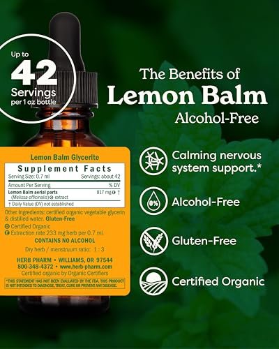 Herb Pharm Bio-Balance Zitronenmelisse, Alkoholfrei: Zertifiziert Bio, Unterstützung bei Nervosität & Übererregung, Schnell absorbierender & zuckerfreier beruhigender Auszug, Hergestellt mit Zitronenmelisse-Kraut, Flüssigglycerit, 30 ml