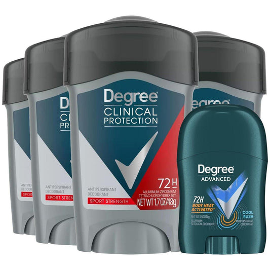Degree Deodorant für Männer, Klinischer Schutz 4er-Pack, Sport Strength 72h Antitranspirant, Soft Solid + 72h Cool Rush Reisegröße Deodorant