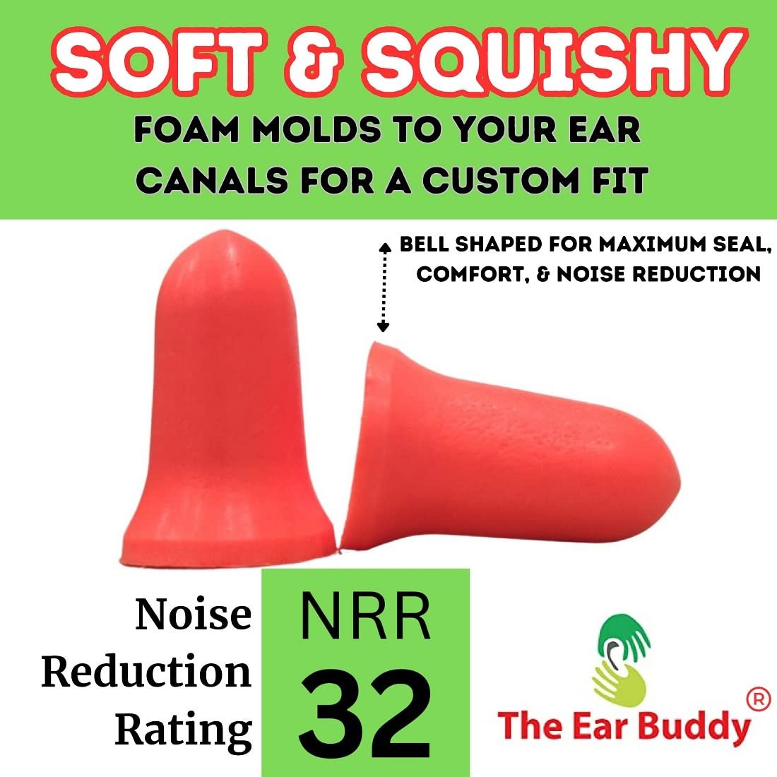 The Ear Buddy Premium Weiche Schaumstoff-Ohrstöpsel für Schlafen, Lärmunterdrückung, Gehörschutz für Schießstände, Konzerte, Arbeit & Reisen, Geräuschreduzierung 32 Dezibel, 50 Paar