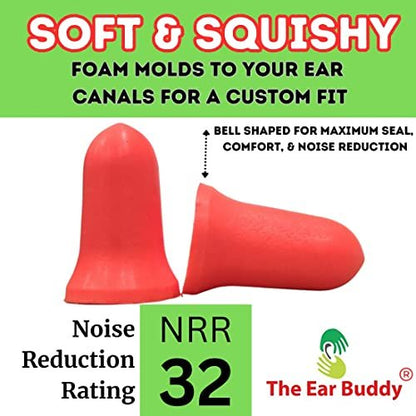 The Ear Buddy Premium Weiche Schaumstoff-Ohrstöpsel für Schlafen, Lärmunterdrückung, Gehörschutz für Schießstände, Konzerte, Arbeit & Reisen, Geräuschreduzierung 32 Dezibel, 50 Paar