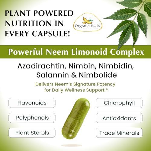 Organic Veda Neem Kapseln – Pflanzliches Nahrungsergänzungsmittel für reine Haut, Immunsystem & Darmgesundheit für Männer & Frauen - Single Origin True Green Neem Blattpulver - Reinigendes & klärendes Ayurveda-Kraut, 120 vegane Kapseln