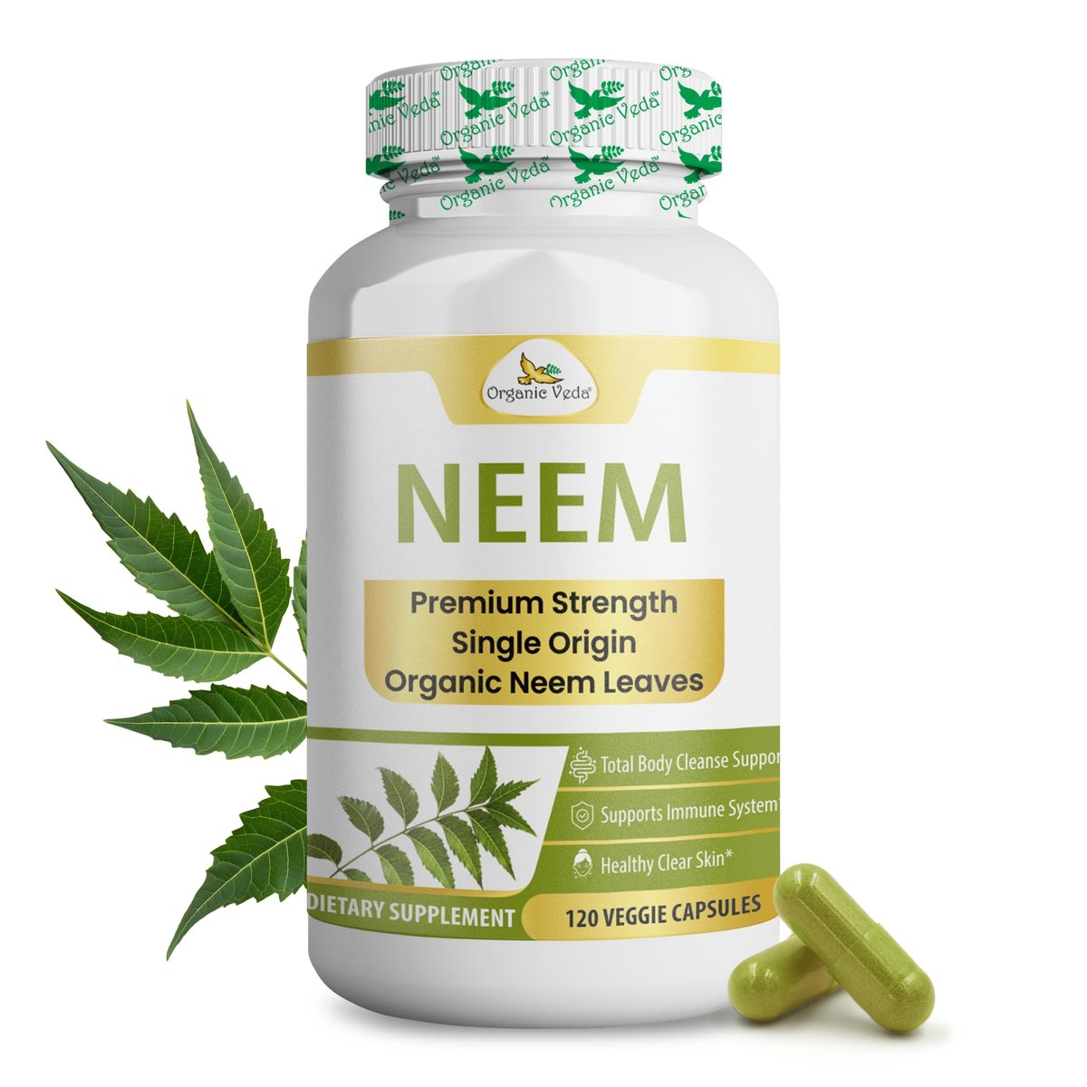 Organic Veda Neem Kapseln – Pflanzliches Nahrungsergänzungsmittel für reine Haut, Immunsystem & Darmgesundheit für Männer & Frauen - Single Origin True Green Neem Blattpulver - Reinigendes & klärendes Ayurveda-Kraut, 120 vegane Kapseln
