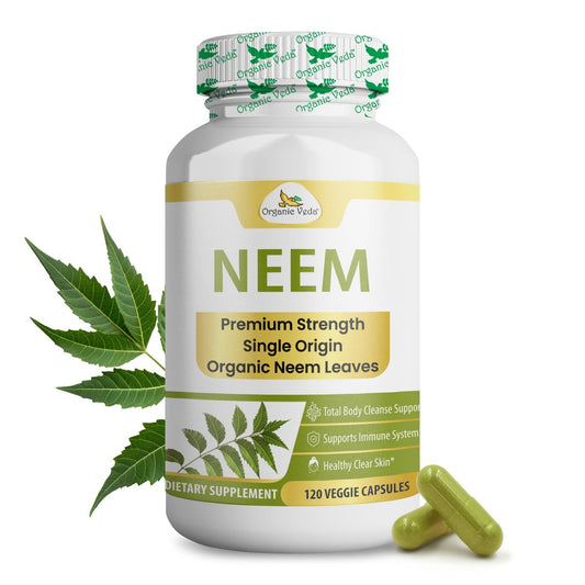 Organic Veda Neem Kapseln – Pflanzliches Nahrungsergänzungsmittel für reine Haut, Immunsystem & Darmgesundheit für Männer & Frauen - Single Origin True Green Neem Blattpulver - Reinigendes & klärendes Ayurveda-Kraut, 120 vegane Kapseln