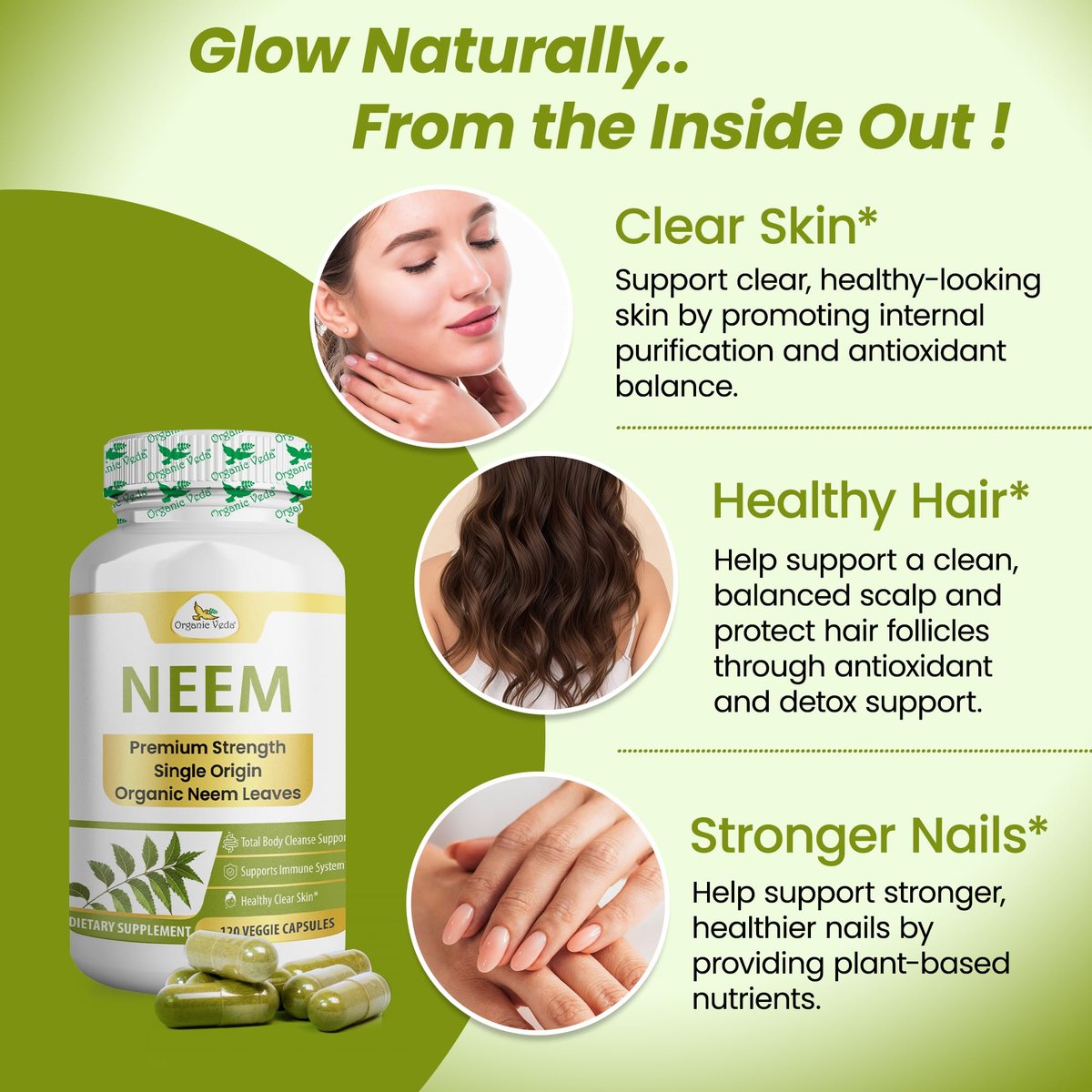 Organic Veda Neem Kapseln – Pflanzliches Nahrungsergänzungsmittel für reine Haut, Immunsystem & Darmgesundheit für Männer & Frauen - Single Origin True Green Neem Blattpulver - Reinigendes & klärendes Ayurveda-Kraut, 120 vegane Kapseln