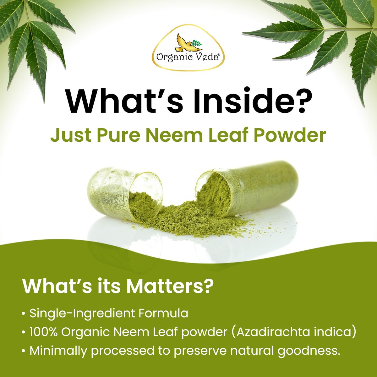 Organic Veda Neem Kapseln – Pflanzliches Nahrungsergänzungsmittel für reine Haut, Immunsystem & Darmgesundheit für Männer & Frauen - Single Origin True Green Neem Blattpulver - Reinigendes & klärendes Ayurveda-Kraut, 120 vegane Kapseln