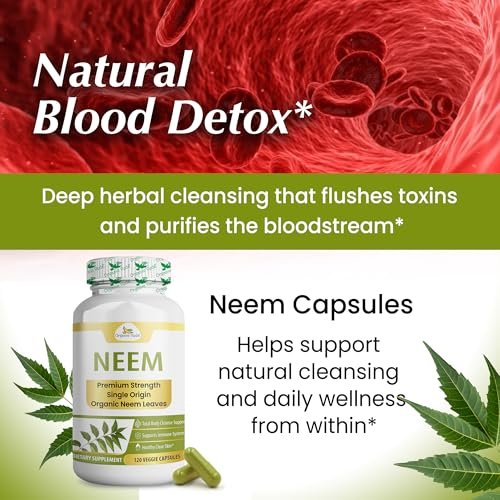 Organic Veda Neem Kapseln – Pflanzliches Nahrungsergänzungsmittel für reine Haut, Immunsystem & Darmgesundheit für Männer & Frauen - Single Origin True Green Neem Blattpulver - Reinigendes & klärendes Ayurveda-Kraut, 120 vegane Kapseln