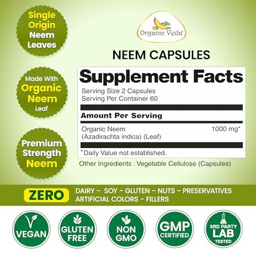 Organic Veda Neem Kapseln – Pflanzliches Nahrungsergänzungsmittel für reine Haut, Immunsystem & Darmgesundheit für Männer & Frauen - Single Origin True Green Neem Blattpulver - Reinigendes & klärendes Ayurveda-Kraut, 120 vegane Kapseln