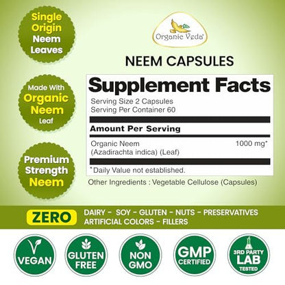 Organic Veda Neem Kapseln – Pflanzliches Nahrungsergänzungsmittel für reine Haut, Immunsystem & Darmgesundheit für Männer & Frauen - Single Origin True Green Neem Blattpulver - Reinigendes & klärendes Ayurveda-Kraut, 120 vegane Kapseln