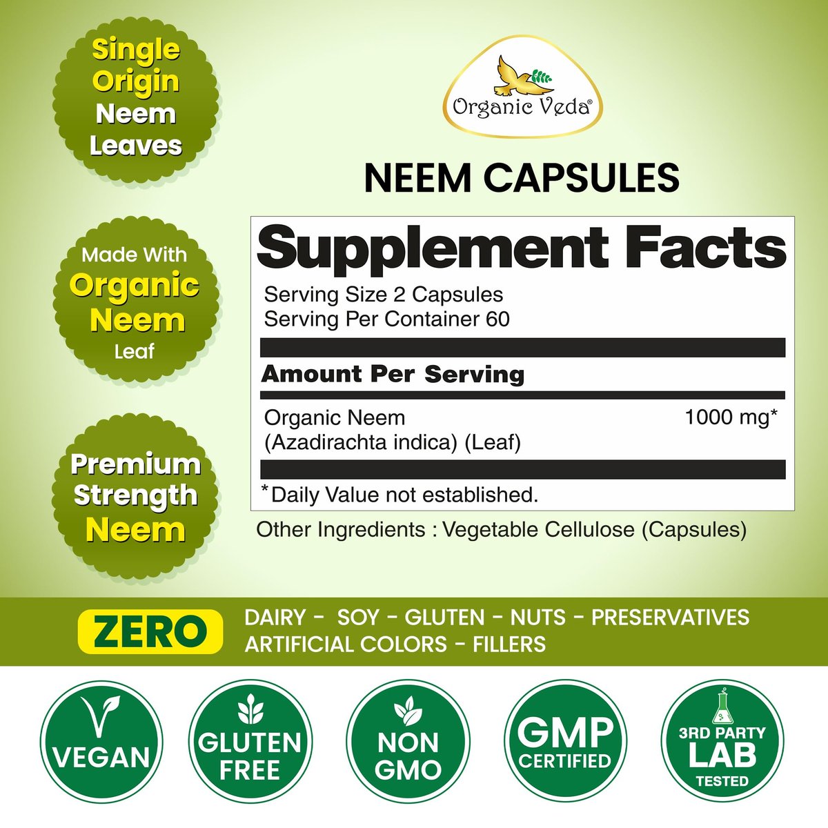 Organic Veda Neem Kapseln – Pflanzliches Nahrungsergänzungsmittel für reine Haut, Immunsystem & Darmgesundheit für Männer & Frauen - Single Origin True Green Neem Blattpulver - Reinigendes & klärendes Ayurveda-Kraut, 120 vegane Kapseln