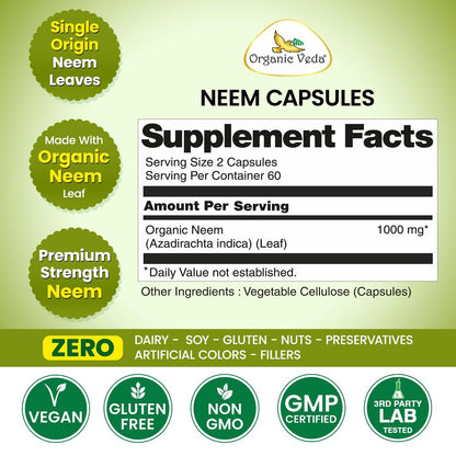 Organic Veda Neem Kapseln – Pflanzliches Nahrungsergänzungsmittel für reine Haut, Immunsystem & Darmgesundheit für Männer & Frauen - Single Origin True Green Neem Blattpulver - Reinigendes & klärendes Ayurveda-Kraut, 120 vegane Kapseln