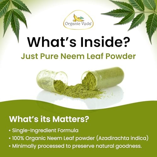 Organic Veda Neem Kapseln – Pflanzliches Nahrungsergänzungsmittel für reine Haut, Immunsystem & Darmgesundheit für Männer & Frauen - Single Origin True Green Neem Blattpulver - Reinigendes & klärendes Ayurveda-Kraut, 120 vegane Kapseln