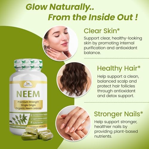 Organic Veda Neem Kapseln – Pflanzliches Nahrungsergänzungsmittel für reine Haut, Immunsystem & Darmgesundheit für Männer & Frauen - Single Origin True Green Neem Blattpulver - Reinigendes & klärendes Ayurveda-Kraut, 120 vegane Kapseln