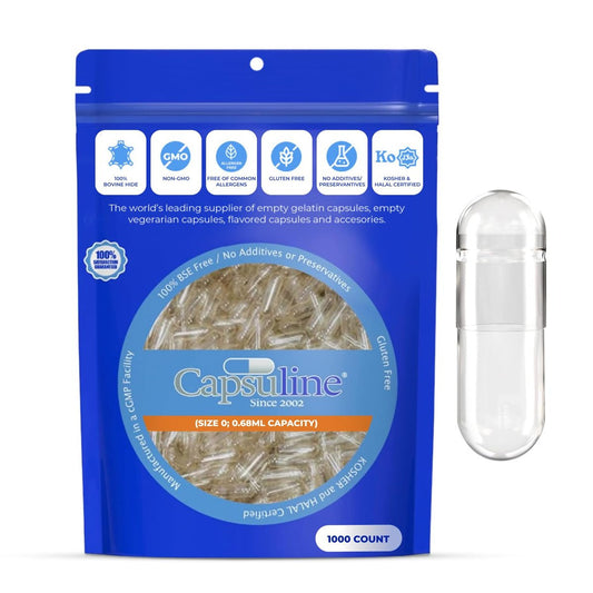 Capsuline Leere Gelatinekapseln Größe 0, Klar - 1000 Stück | Glutenfrei, Koscher, Nicht-GMO Zertifiziert | Reine Rinderkapseln für DIY Nahrungsergänzungsmittel