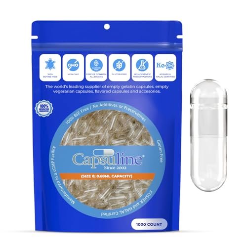 Capsuline Leere Gelatinekapseln Größe 0, Klar - 1000 Stück | Glutenfrei, Koscher, Nicht-GMO Zertifiziert | Reine Rinderkapseln für DIY Nahrungsergänzungsmittel