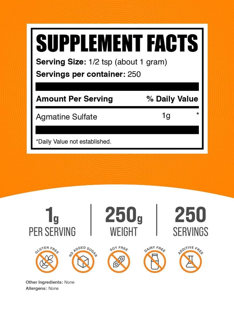 BulkSupplements.com Agmatinsulfat-Pulver – Nitric-Oxid-Booster, Pre-Workout-Pulver, ungesüßt & glutenfrei, 1 g pro Portion, 250 g (8,8 oz)