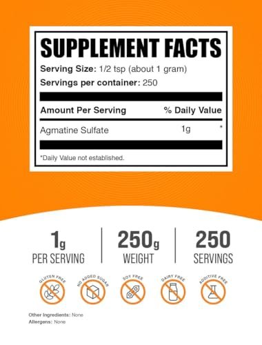 BulkSupplements.com Agmatinsulfat-Pulver – Nitric-Oxid-Booster, Pre-Workout-Pulver, ungesüßt & glutenfrei, 1 g pro Portion, 250 g (8,8 oz)