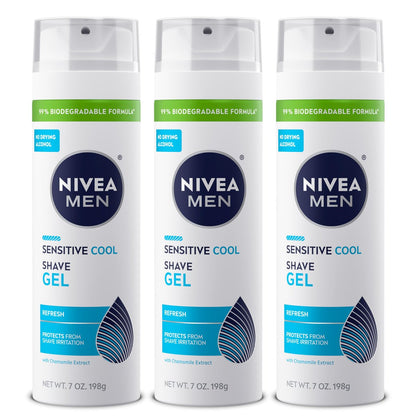 NIVEA MEN Sensitive Cool Rasiergel für empfindliche Haut, alkoholfrei mit Kamillenextrakt, 200 ml Dose, 3er-Pack