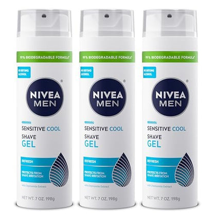 NIVEA MEN Sensitive Cool Rasiergel für empfindliche Haut, alkoholfrei mit Kamillenextrakt, 200 ml Dose, 3er-Pack