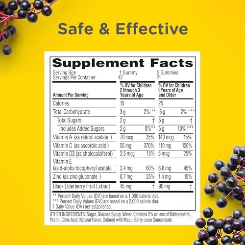 Zarbee's Holunderbeeren Gummibärchen für Kinder – Immununterstützung mit Vitamin A, C, D3, E & Zink – 42 Stück, natürlicher Beerengeschmack, gluten- und gelatinefrei