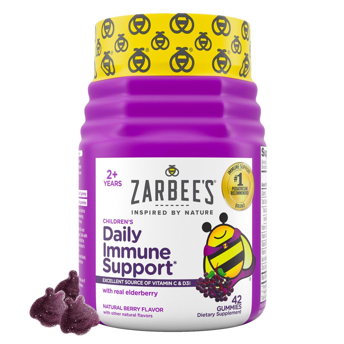 Zarbee's Holunderbeeren Gummibärchen für Kinder – Immununterstützung mit Vitamin A, C, D3, E & Zink – 42 Stück, natürlicher Beerengeschmack, gluten- und gelatinefrei