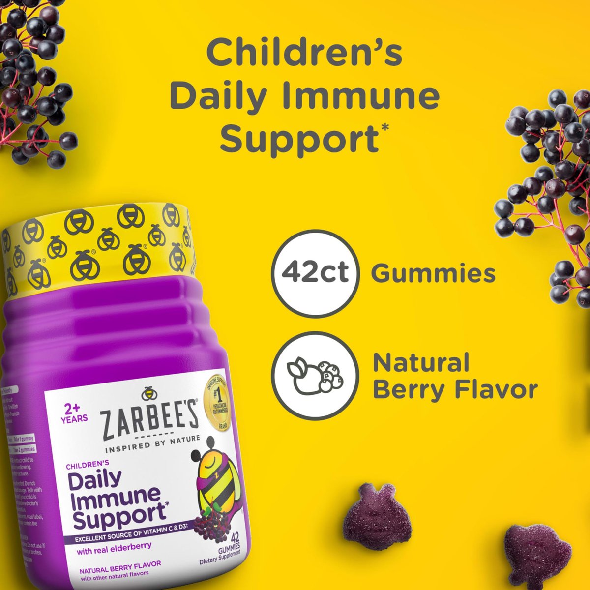 Zarbee's Holunderbeeren Gummibärchen für Kinder – Immununterstützung mit Vitamin A, C, D3, E & Zink – 42 Stück, natürlicher Beerengeschmack, gluten- und gelatinefrei