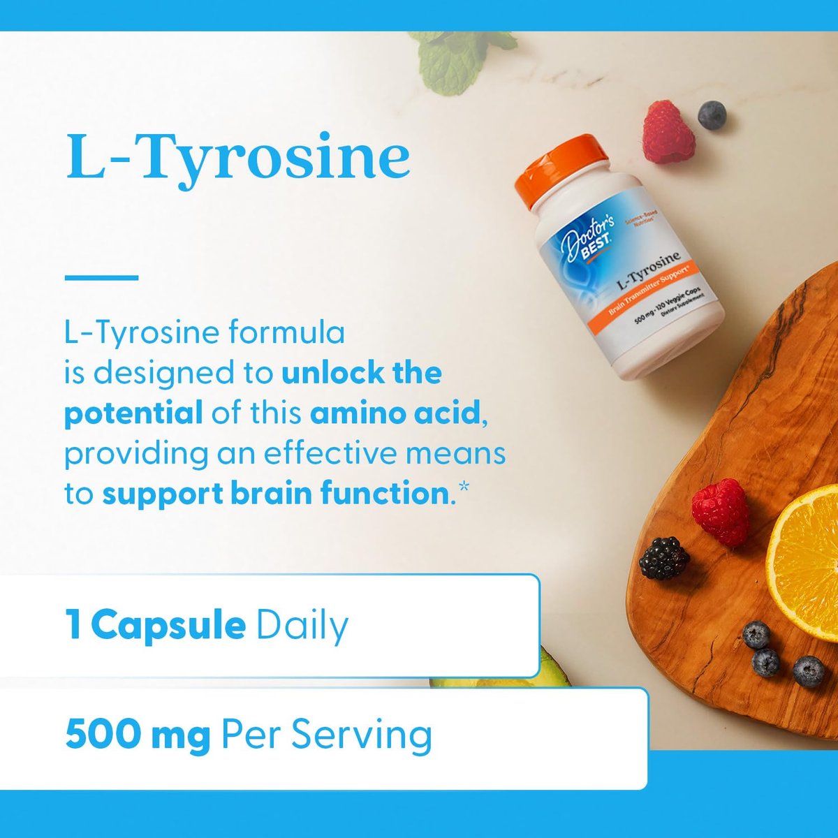 Doctor's BEST L-Tyrosin 500mg Kapseln – Aminosäure für Gehirnunterstützung & Schilddrüsenfunktion – 120 vegane Kapseln