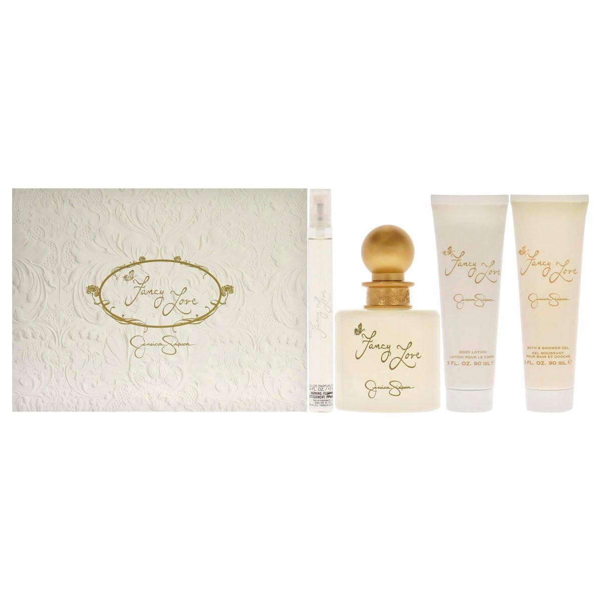 Fancy Love von Jessica Simpson für Damen - 4-teiliges Geschenkset: 3,4 oz EDP Spray, 0,34 oz EDP Mini Spray, 3 oz Bodylotion, 3 oz Bade- und Duschcreme