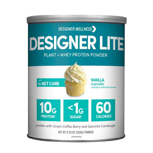 Designer Wellness Designer Lite Low Calorie Proteinpulver mit natürlichem Protein, Präbiotika, Vitaminen & Mineralien, Vanille Cupcake, 256 g
