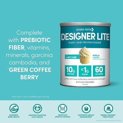 Designer Wellness Designer Lite Low Calorie Proteinpulver mit natürlichem Protein, Präbiotika, Vitaminen & Mineralien, Vanille Cupcake, 256 g