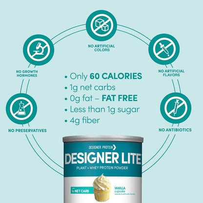 Designer Wellness Designer Lite Low Calorie Proteinpulver mit natürlichem Protein, Präbiotika, Vitaminen & Mineralien, Vanille Cupcake, 256 g
