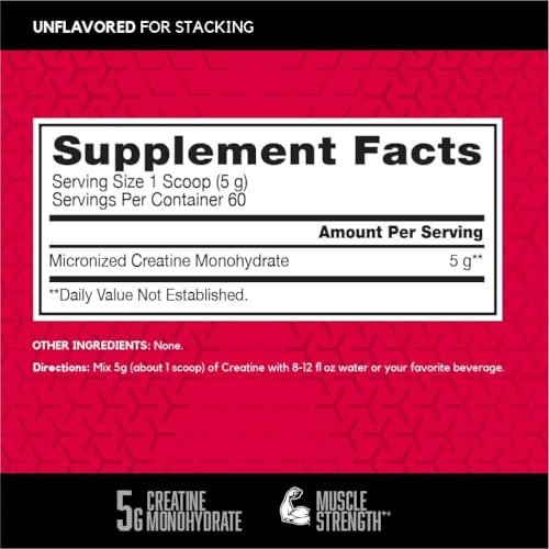 BSN Micronisiertes Kreatin-Monohydrat-Pulver, ungewürzt, mikronisiert, unterstützt Muskelaufbau und Muskelkraft, Gym-Ergänzung, 5 g pro Portion, 5000 mg pro Portion, 60 Portionen