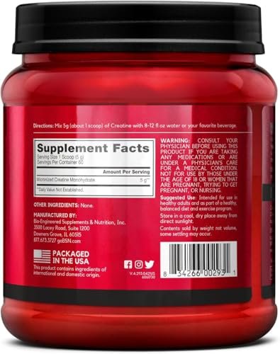 BSN Micronisiertes Kreatin-Monohydrat-Pulver, ungewürzt, mikronisiert, unterstützt Muskelaufbau und Muskelkraft, Gym-Ergänzung, 5 g pro Portion, 5000 mg pro Portion, 60 Portionen