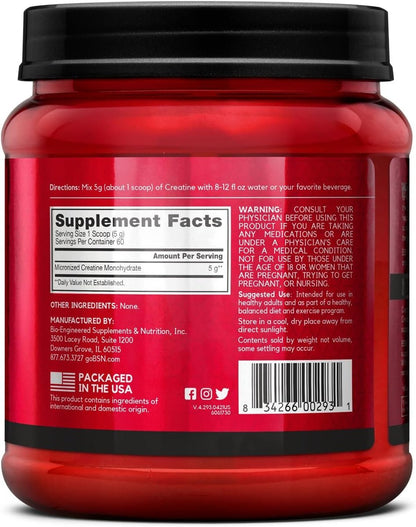 BSN Micronisiertes Kreatin-Monohydrat-Pulver, ungewürzt, mikronisiert, unterstützt Muskelaufbau und Muskelkraft, Gym-Ergänzung, 5 g pro Portion, 5000 mg pro Portion, 60 Portionen