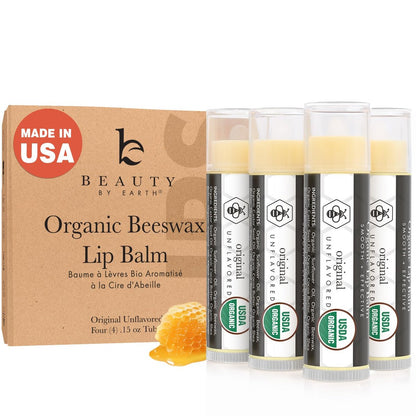USDA Bio-Lippenbalsam – 4er-Pack unparfümiert, natürliche Inhaltsstoffe, hergestellt in den USA, feuchtigkeitsspendend für trockene Lippen, ideales Geburtstagsgeschenk für Sie und Ihn