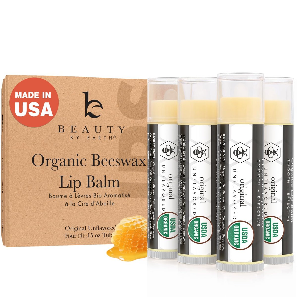 USDA Bio-Lippenbalsam – 4er-Pack unparfümiert, natürliche Inhaltsstoffe, hergestellt in den USA, feuchtigkeitsspendend für trockene Lippen, ideales Geburtstagsgeschenk für Sie und Ihn