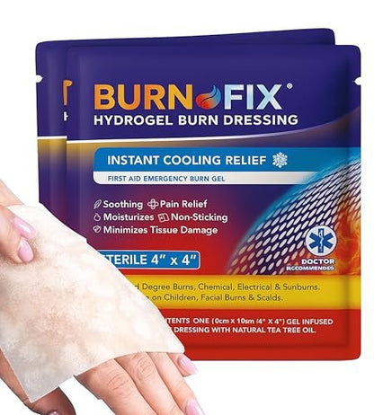 BurnFix® Burn Gel Pads 4x4 Hydrogel-Verband mit Heat Sink™ Technologie – Steril mit Teebaumöl – Kühlend bei Sonnenbrand, Küchenverletzungen, chemischen Verbrennungen – Nicht haftende Erste Hilfe, sicher für Gesicht & Kinder (2er-Pack)
